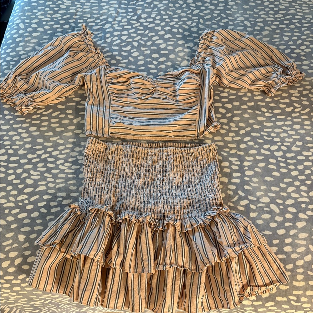 SAYLOR Beige and Black Striped Puff-Sleeve Crop Top & Smocked Skirt Set